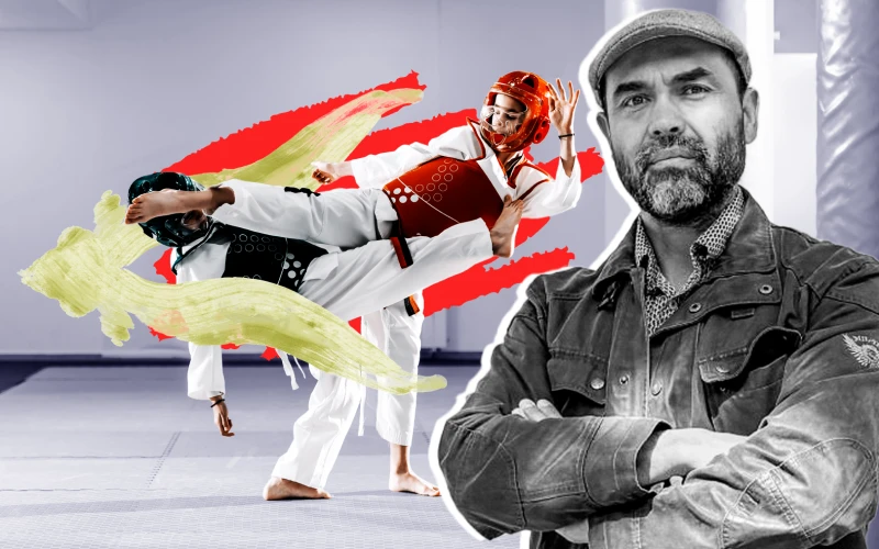 Dr. Tomás Herrera-Valenzuela junto a dos taekwondistas ejecutando patadas